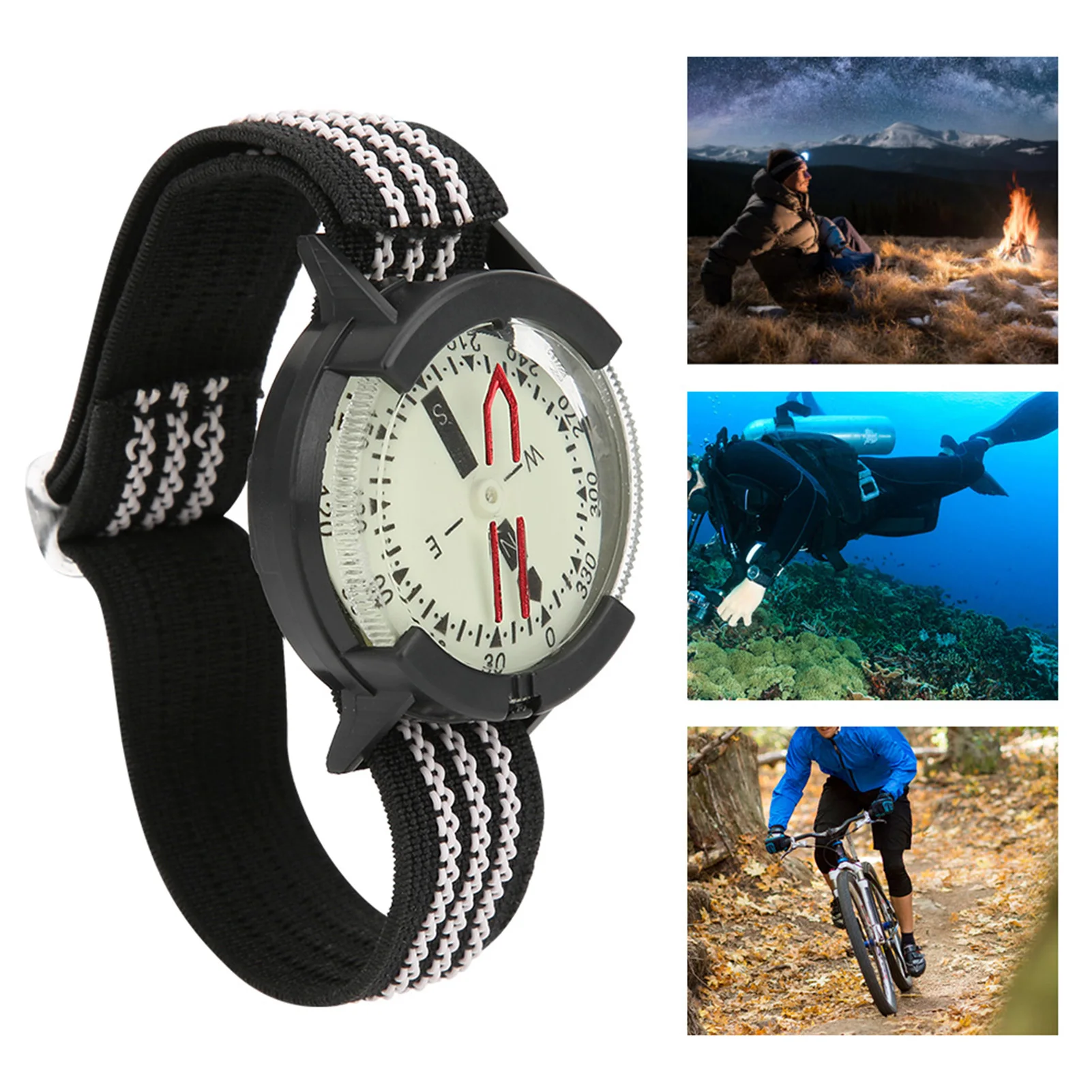 Outdoor Camping Compass Watch Pressure-Resistant Deep-Water Diving Compass Adjustable Wrist Compass with Night Vision