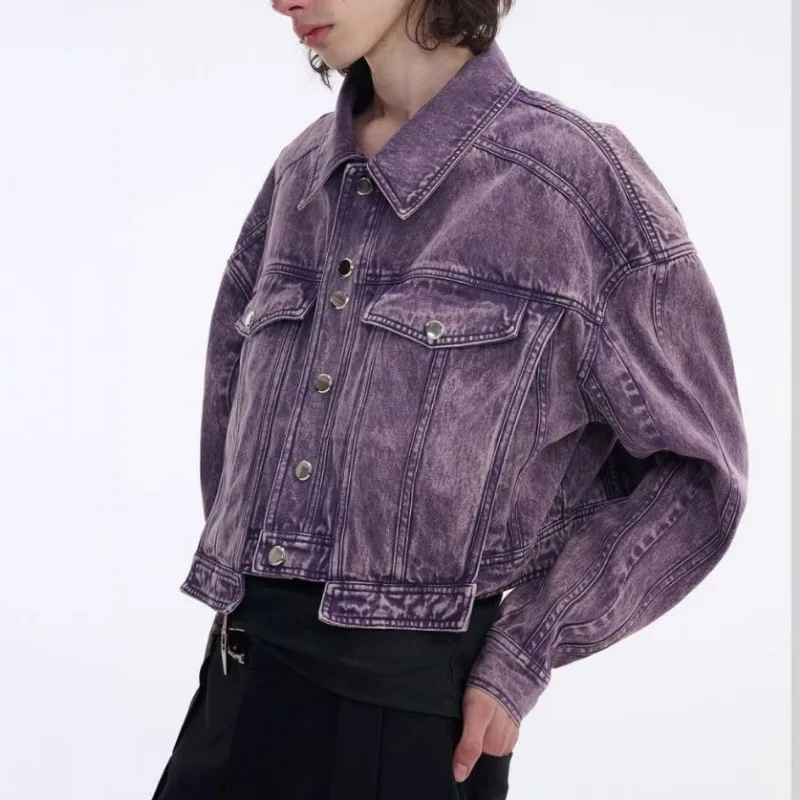 Spring Niche Washed Short Denim Jacket American Style Heavy Wide Shoulder Jean Coats Men Autumn College Trendy Purple WJ109