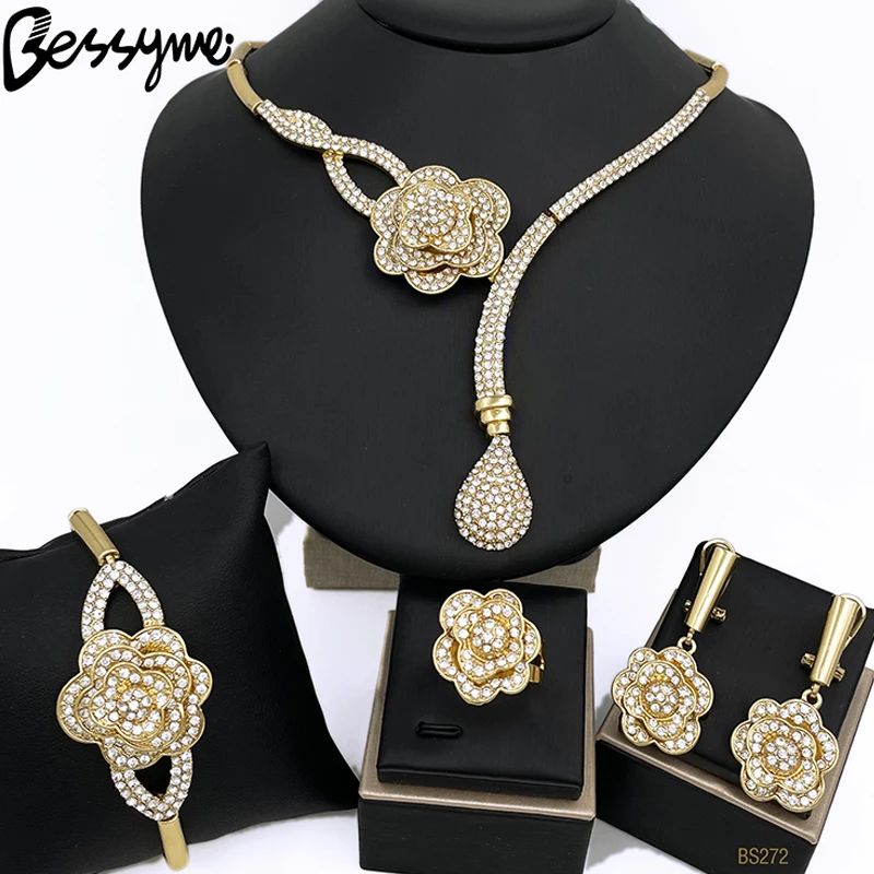 Jewelry Sets For Women Elegance Rose Jewelry 18k Gold Plated Necklace Drop Earring Ring Charm Bracelet Wedding Party Accessories