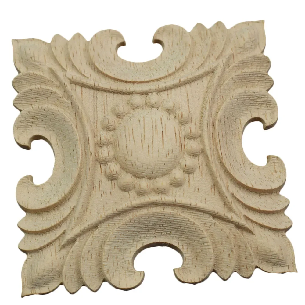 6-15cm Vintage Pattern Carved Onlay Applique Home Decoration Accessories Decor Solid Wood Engraved Square Decorative Flowers