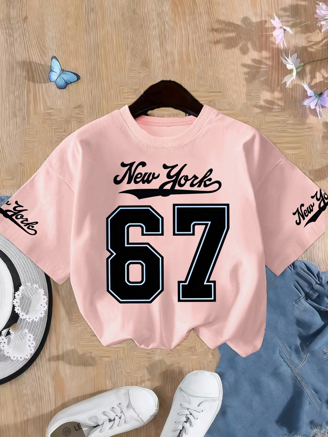 Girls' Number 67 New York Print Summer Short-Sleeve Pure Cotton T-Shirt Pink Elastic Round Neck Children's Top Fashion Design