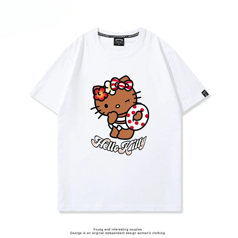 HelloKitty American Vintage Fashion T-shirt Holiday Swimming Circle Cute Kitty Short Sleeve Half Sleeve Casual Summer Streetwear