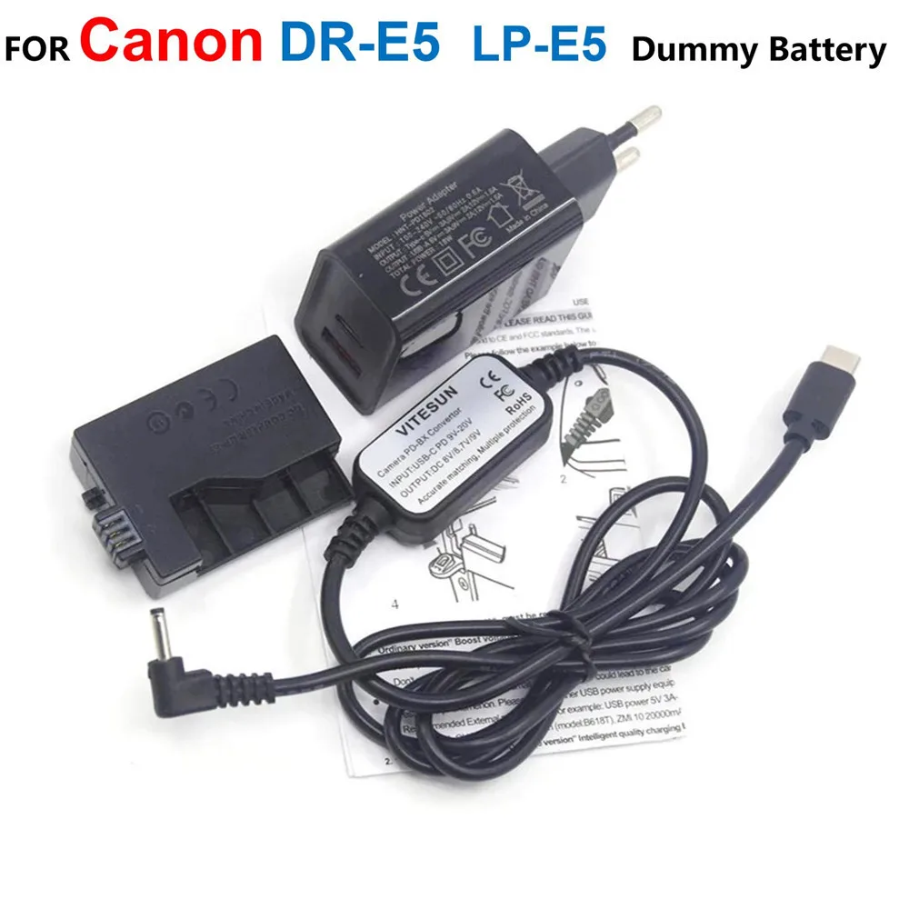 

DR-E5 DC Coupler LP-E5 Fake Battery+USB C Power Bank Cable+PD Charger Adapter For Canon EOS 450D 500D 1000D XS XSi T1i