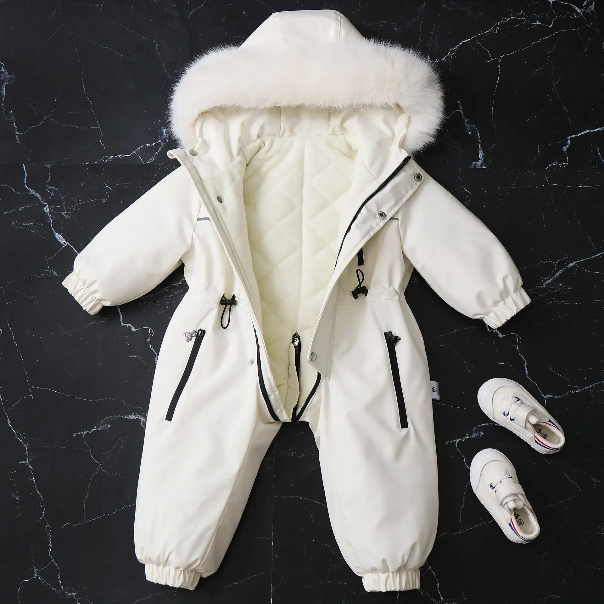 New Winter Children\'s Ski Suit  2-5 Y Kid\'s Thicken Fur Lining Hooded Overalls Boys Waterproof Jumpsuit Girls Warm Snowsuit