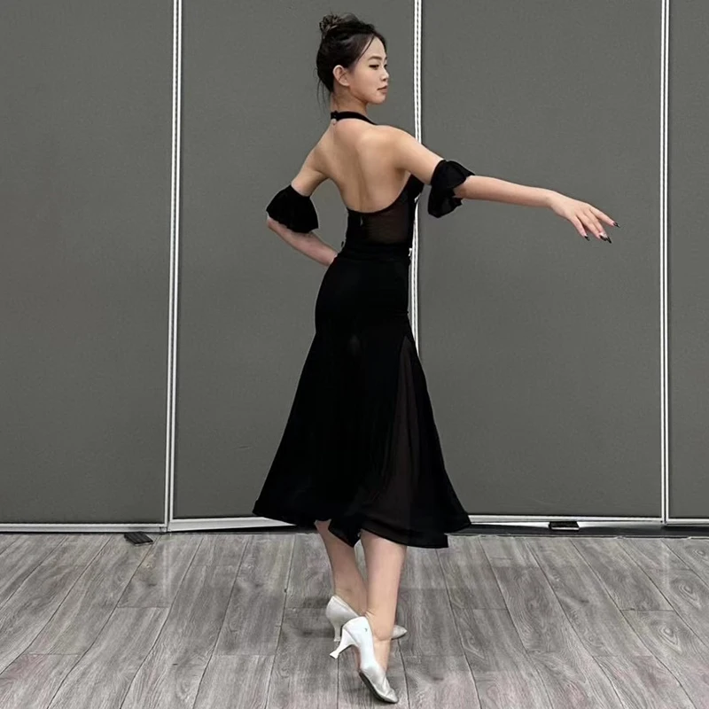 New Ballroom Dance Clothes Black Halter Neck Tops Black Skirt Women Practice Wear Adult Waltz Dance Performance Dress BL12322