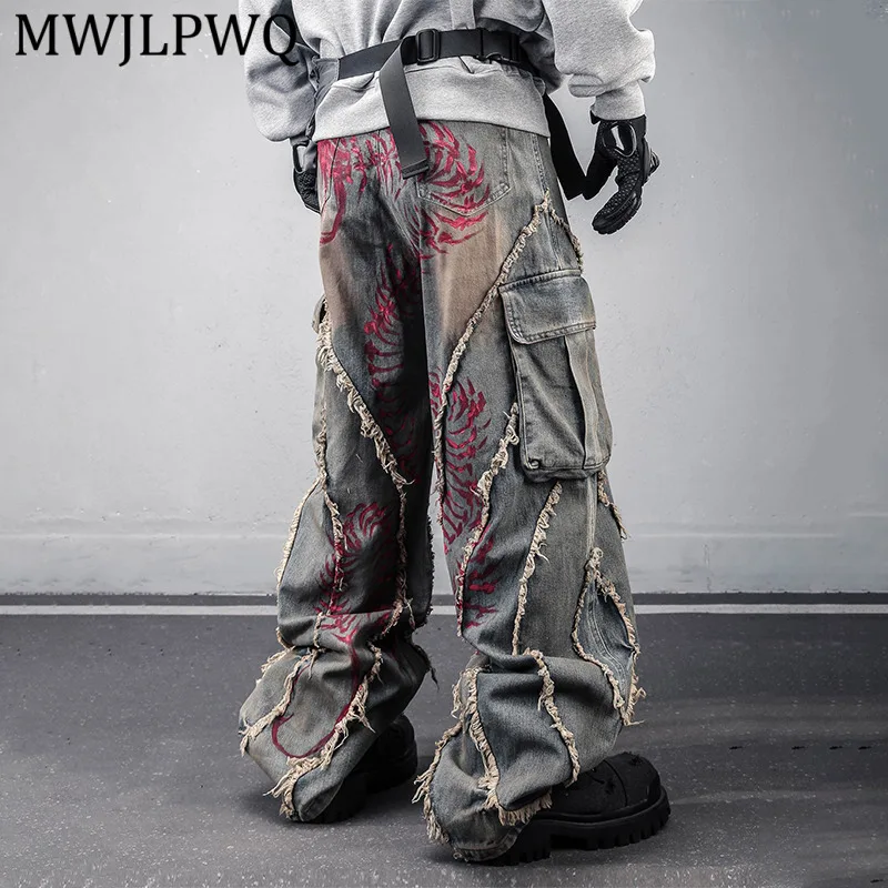 

MWJLPWQ Niche Design Letter Print Frayed Edge Deconstructed Denim Trousers Vintage Distressed Large Pocket Cargo Jeans 13405