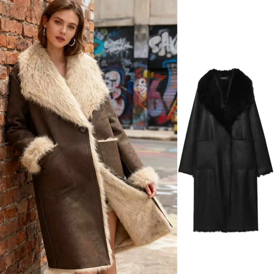 

Double-Sided Long Coat Jaet Women's Autumn Winter Faion Outerwear Thiened Long Sve Loose Fit Sle No Hat Included