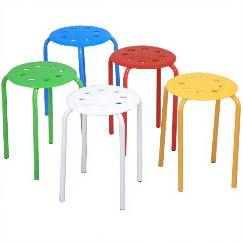 

Household color round stool 8-hole steel tube stool stackable plastic seat simple design