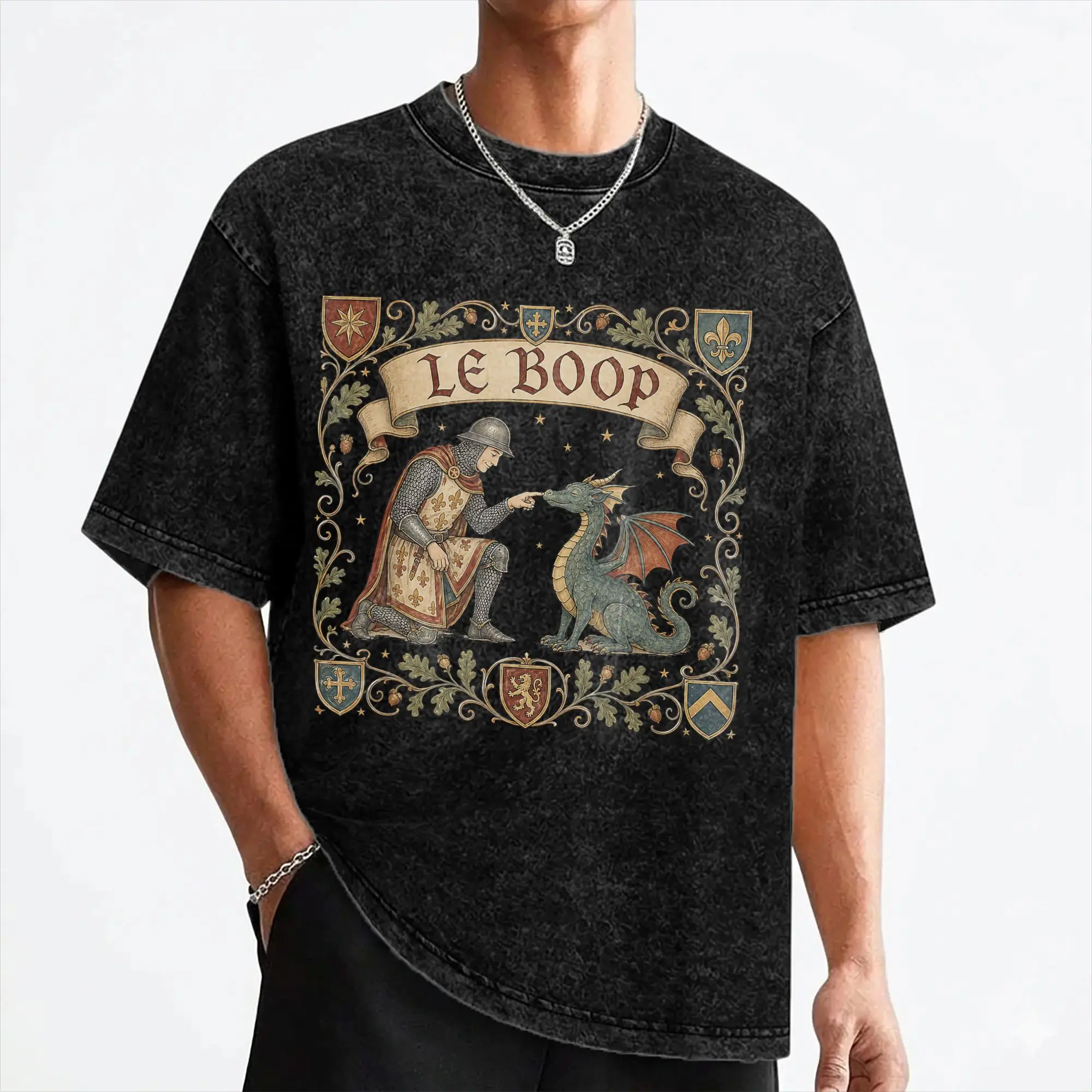 Le Boop Medieval Knight Dragon T Shirts Washed Short Sleeve Oversize T-Shirt  Retro Men Women Streetwear Printed Tees
