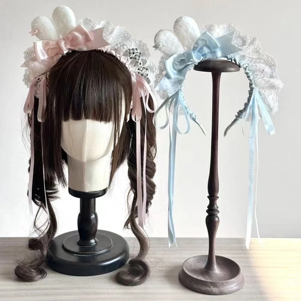Lolita Lace Bunny Ear Headband, Satin Bow Long Ribbon Frilly Hair Band Cute Sweet Girl Hair Jewelry Accessory