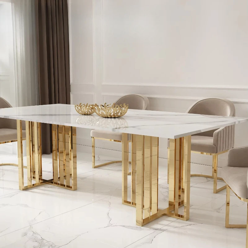 

Italian dinner base glass top decorative rectangular gold stainless steel marble dining table