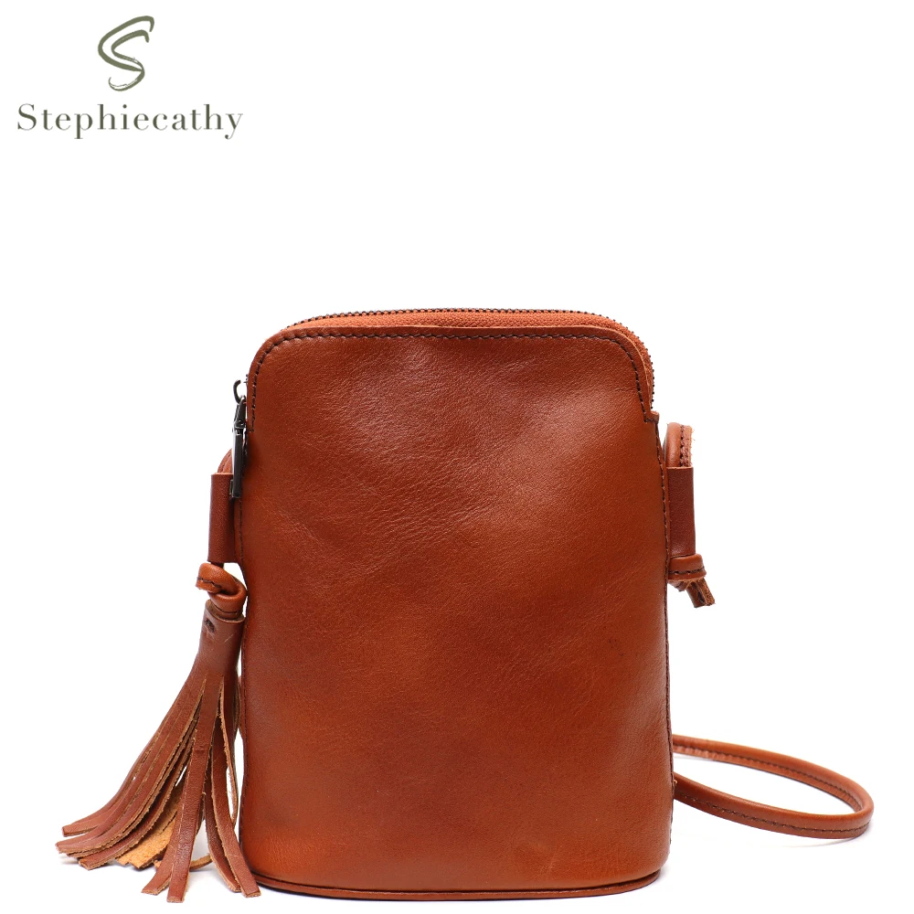 SC Retro Small Crossbody Shoulder Bag Women Genuine Leather Tassel Phone Purse Female Casual Daily Sling Handbags Zipper Clutch