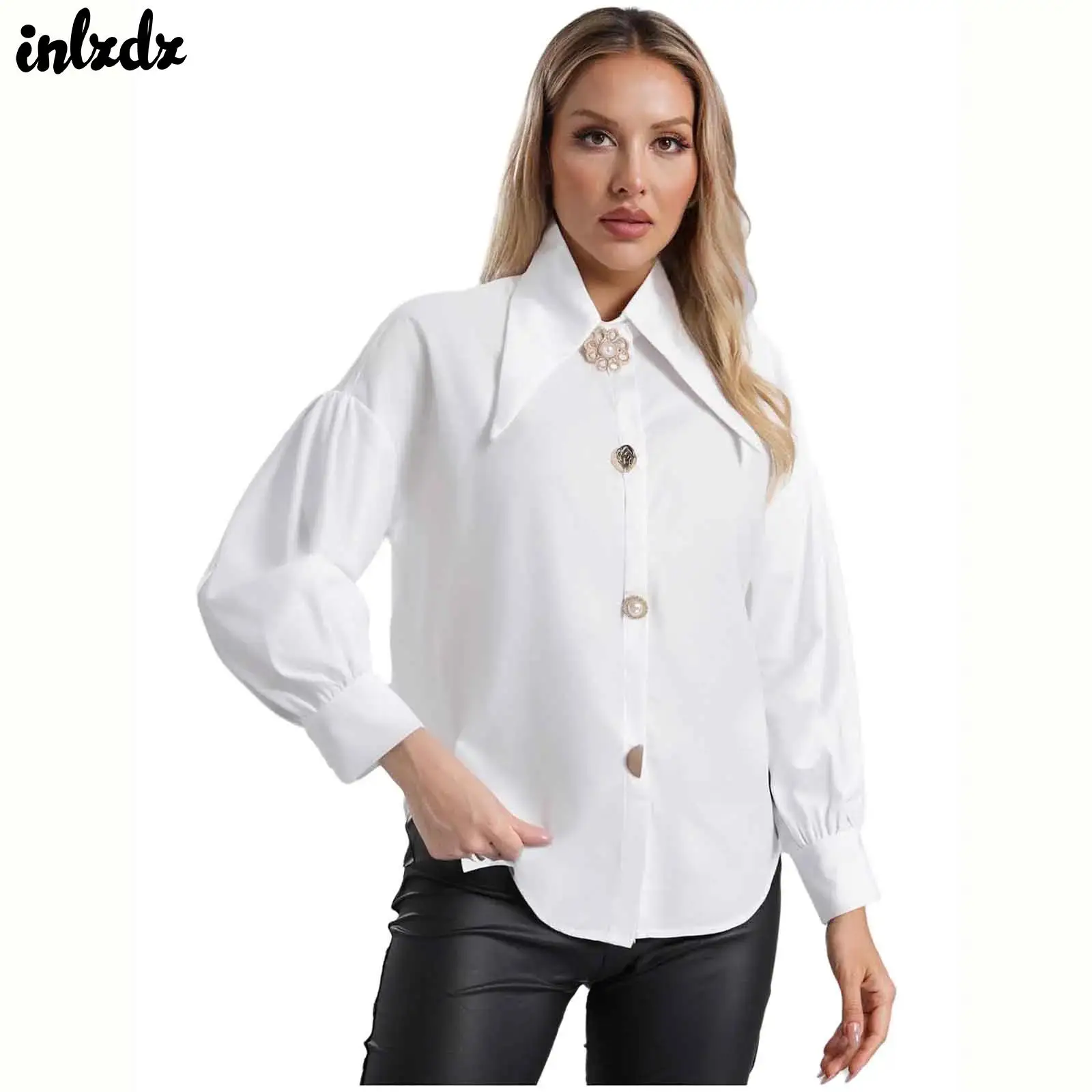 

Women Clothing Long Sleeve Lapel Chic Vintage Single Row Button Loose Lantern Sleeves Blouse Shirt Tops for Casual Party Commute