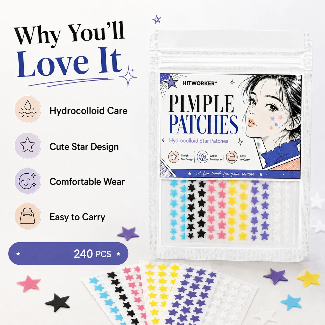240PCS Hydrocolloid Star Pimple Patches, 6 Color Cute Face Stickers, Lightweight Comfortable Daily Wear Skin Care Patches