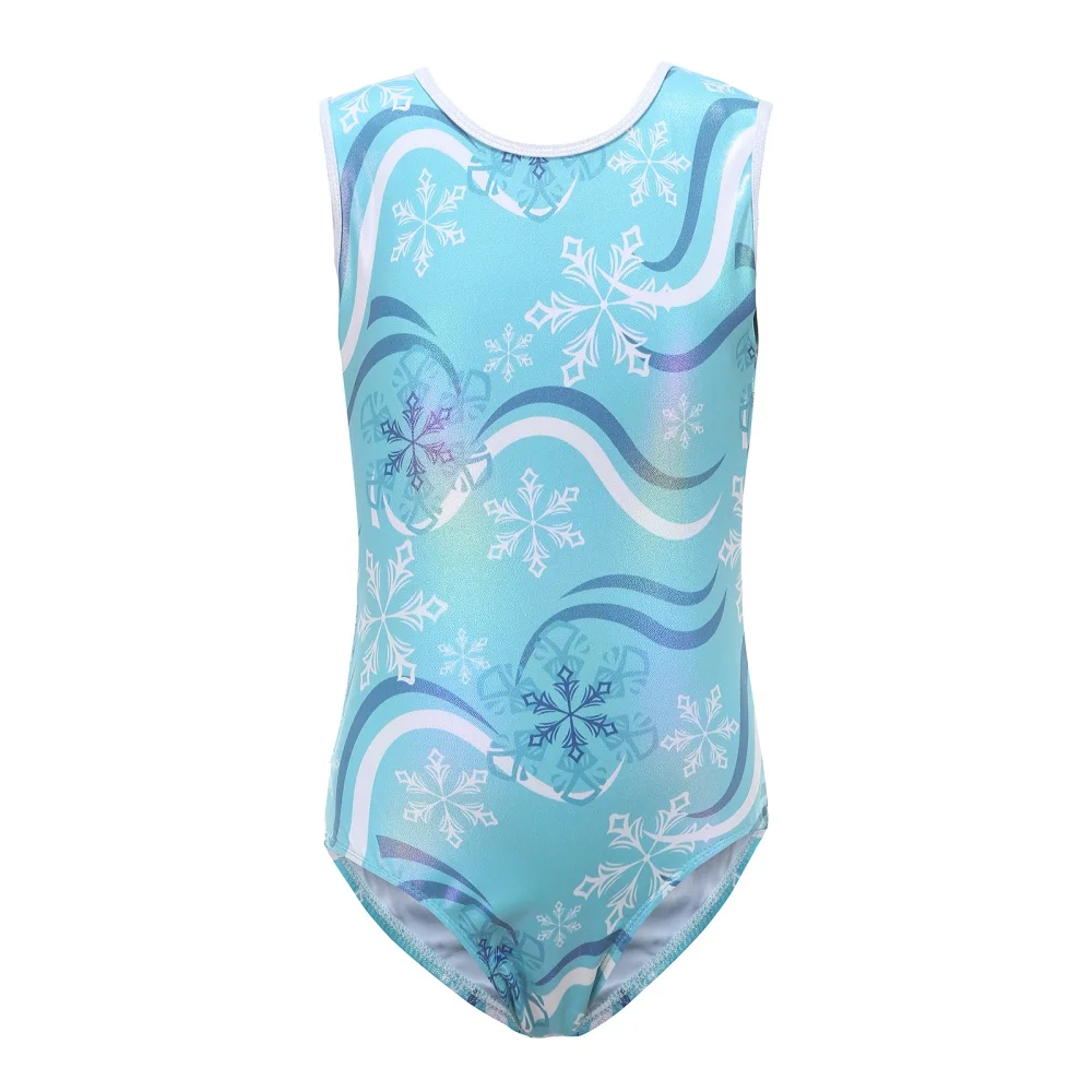 Girls Gymnastics Leotards Sleeveless Snow Print Dance Leotards for Kids Teens 4-14 Years