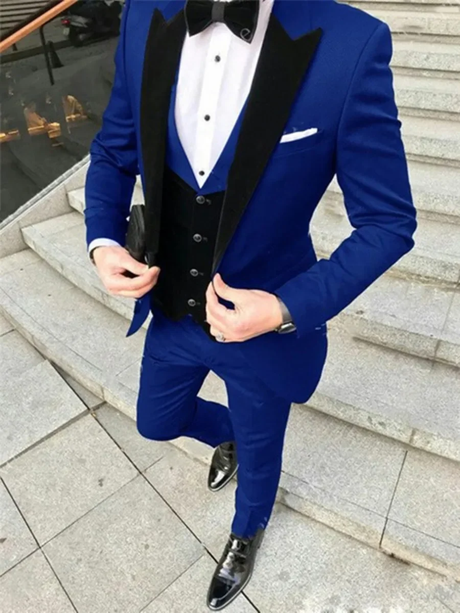 

2024 Royal Blue Blazer Pants Black Vest Business Suits Causal Suits Groom Tuxedos For Wedding Terno Masculino Costume Homme 3PCS