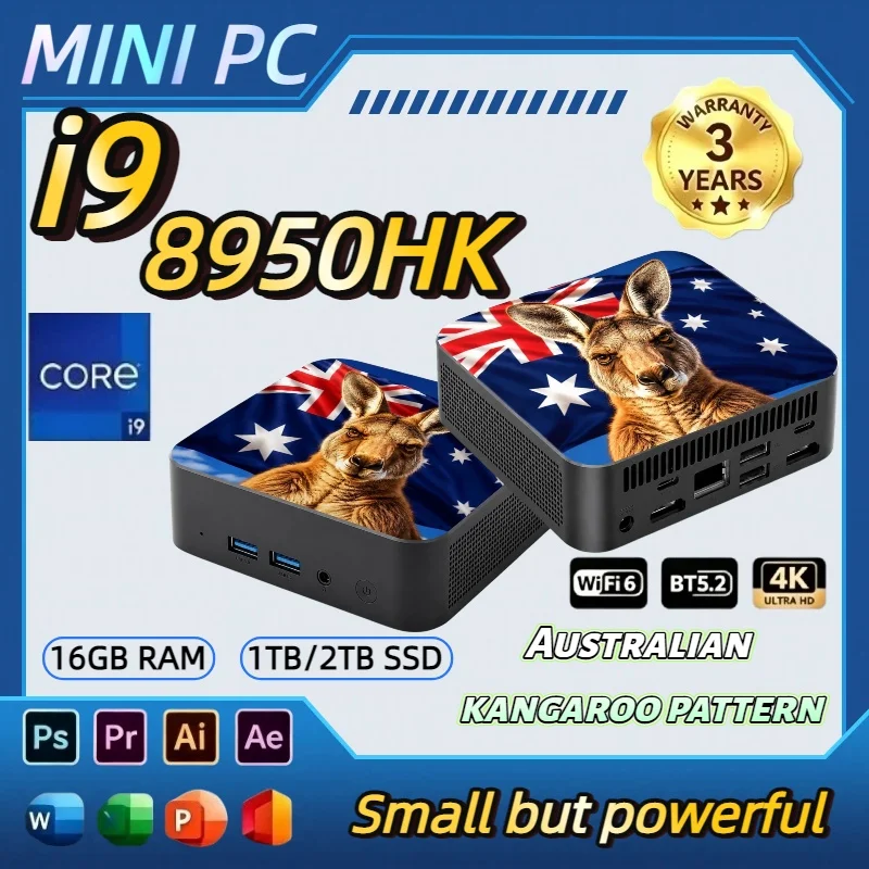Core i9-8950HK 16GB RAM 2TB SSD 4K UHD Outputs Portable High-Performance Gaming Desktop New 2026 Australia Kangaroo Flag Mini PC