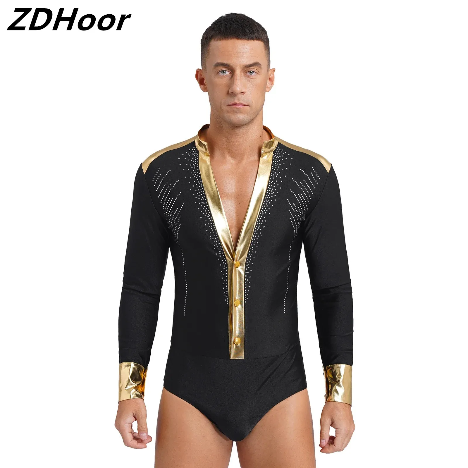 

Mens Figure Skating Dance Leotard Deep V Neck Long Sleeve Metallic Patchwork Shiny Rhinestones Bodysuit