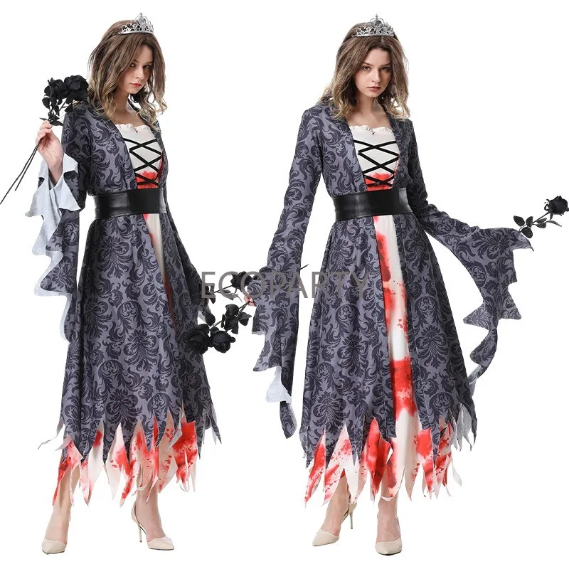 

2023 Autumn Print Blood Stains Princess Zombie Dress Halloween Cosplay Vampire Role Playing Dress Halloween Costumes for Women