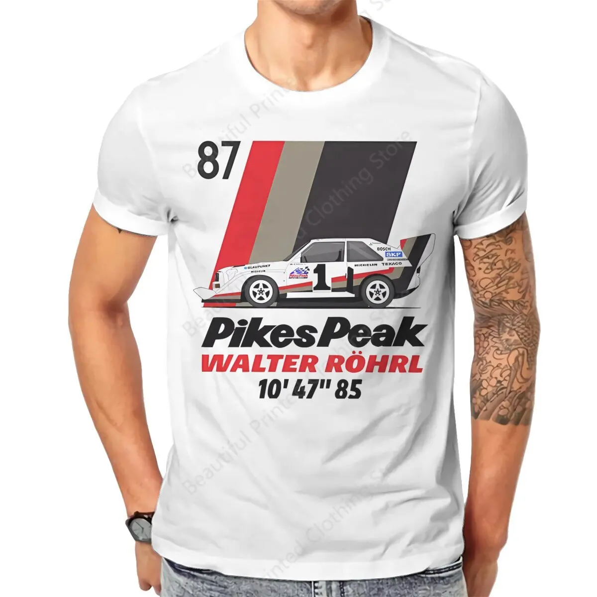 Gran Turismo Racing Game Mens T-Shirt Walter Rohrl Pikes peak 87 Funny Printing T-ShirtsO-Neck Breathable Tee Cotton Fun Tees