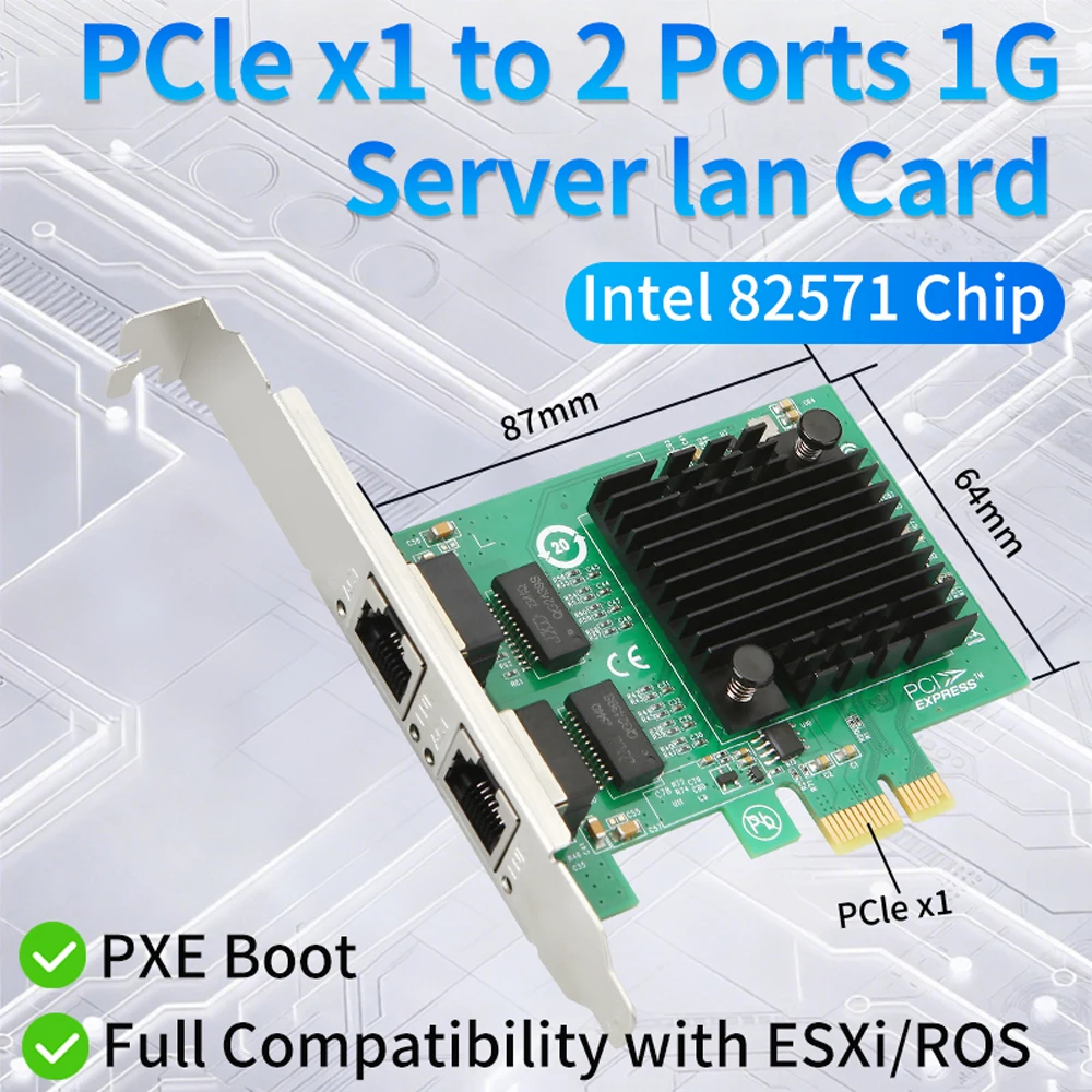 INTEL 82571-T2 Gigabit PCIe X1 Dual Port Network Adapter Card Desktop 1000Mbps 2 RJ45 Server NIC for Windows Linux