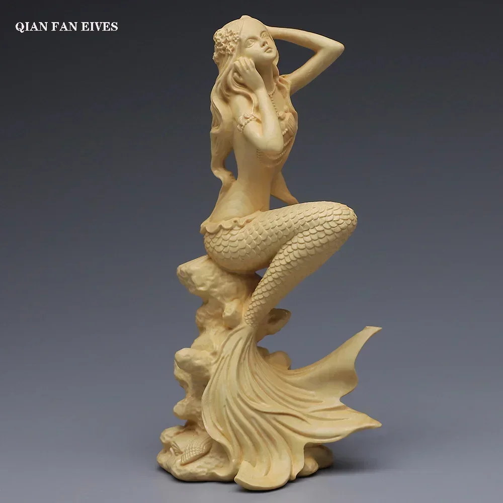 

Hand carved wooden mermaid statue，Modern art sculpture, Cute home decoration accessories,Solid wood figurines free delivery