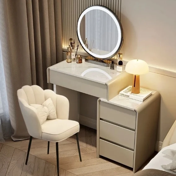 Meja Rias Modern - Meja Rias Krim Hemat Ruang dengan Cermin LED & Laci Terintegrasi (Meja Rias Apartemen Kecil