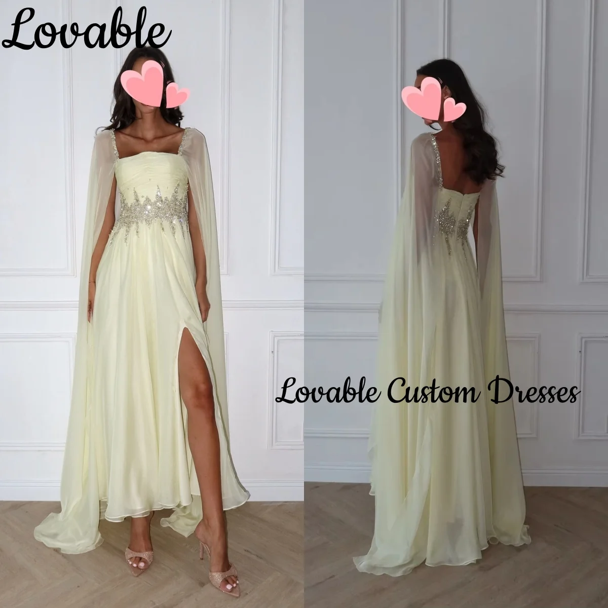 Vestido de festa de casamento personalizado, linha a, decote quadrado dividido, comprimento do chão, miçangas, vestidos de noite de luxo, zíper, vestidos amarelos