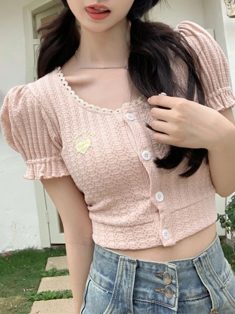 Summer Pink Kawaii Sweet T-Shirts Women Lace Backless France Elegant Crop Tops Female Puff Sleeve Korea Casual Clothing 2023 New