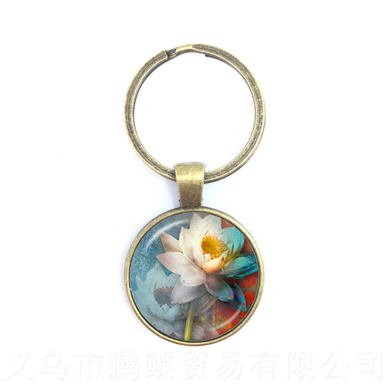 Lotus Flower Key Chain Mandala Photo Art Glass Cabochon Pendant Keyring Sacred Geometry Yoga Om New Fashion Jewelry