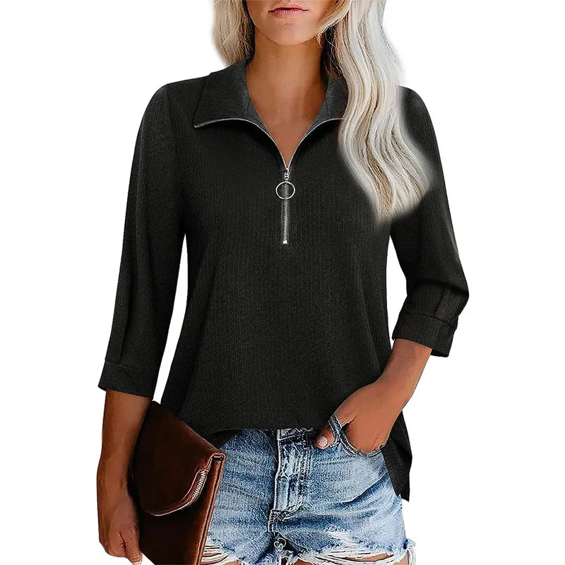 2023 New Spring Fashion Trend 3/4 Sleeve Zipper V-Neck Simple Commuter Casual Versatile Temperament Age Reducing Women's Top