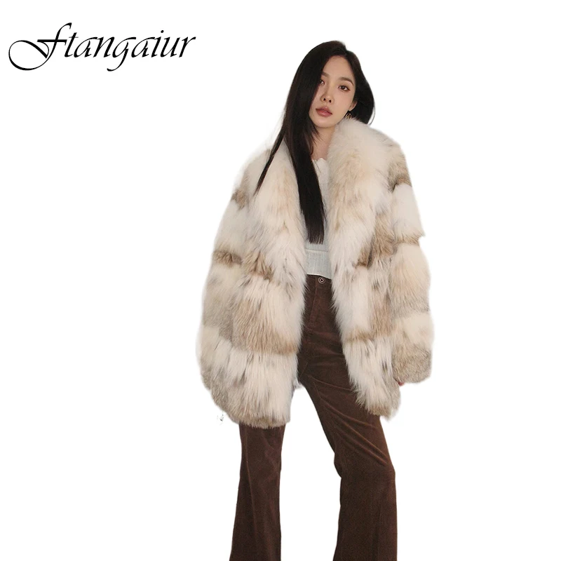 Ftangaiur New Winter Import White Lynx Cat Bobcats Turn-Down Collar LYNX Natural Fur Coats Women Medium Real LYNX Fur Coats