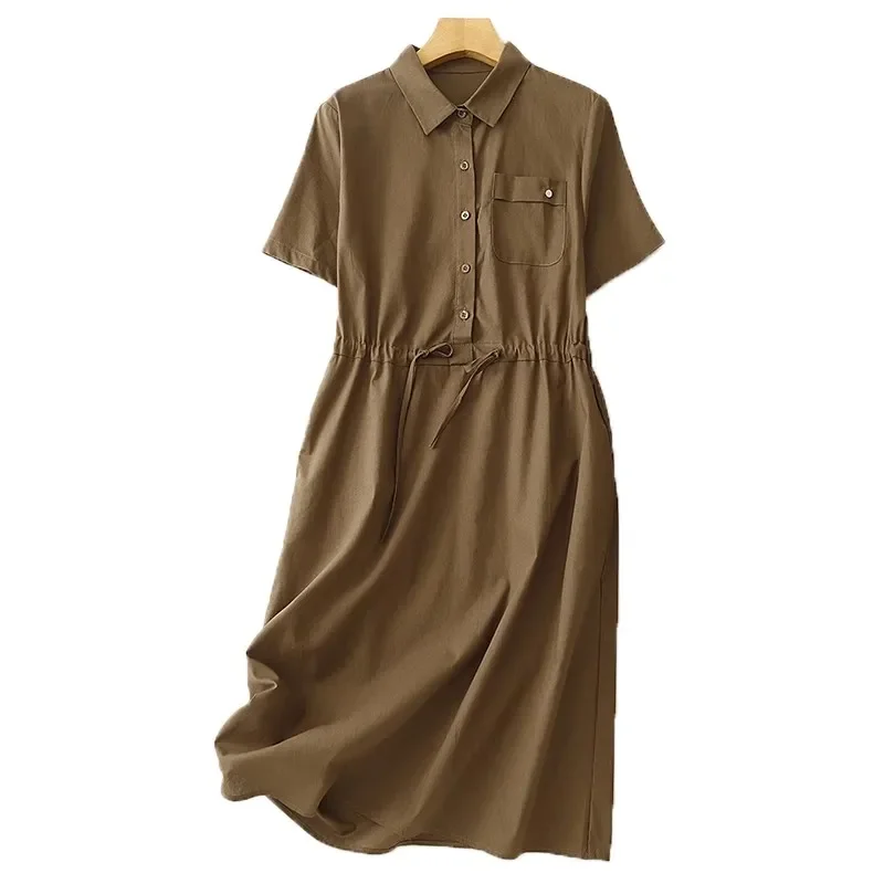 팝 오피스 레이디 폴로 칼라 셔츠 드레스 뉴 여름 드로우 스트링 포켓 미디 드레스 솔리드 빈티지 데일리 드레스 streetwear