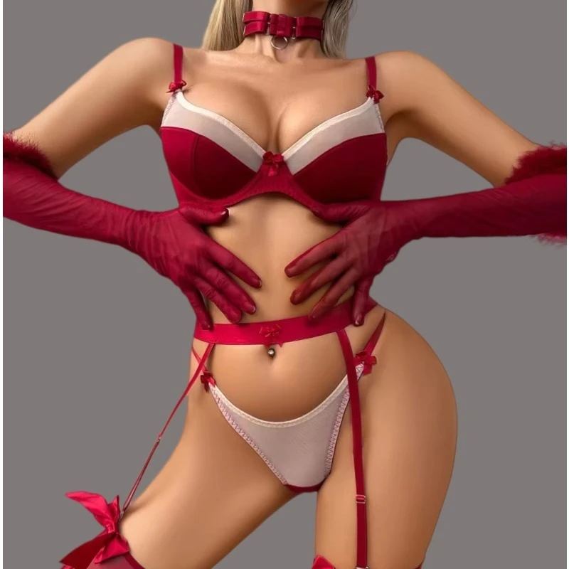 

Рождественское эротическое белье, сексуальное украшение с бантом из горячего вина и красного цвета, формирующее сексуальное женское белье, разделенный комплект с прозрачными чулками и перчатками