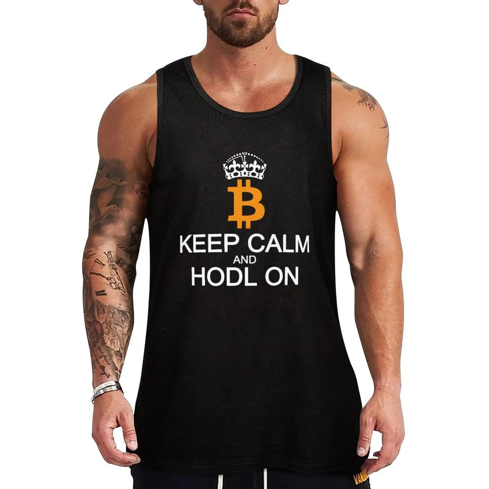 

Keep Calm and Hold On Bitcoin BTC White Tank Top summer Men's gym t-shirts fitness gym