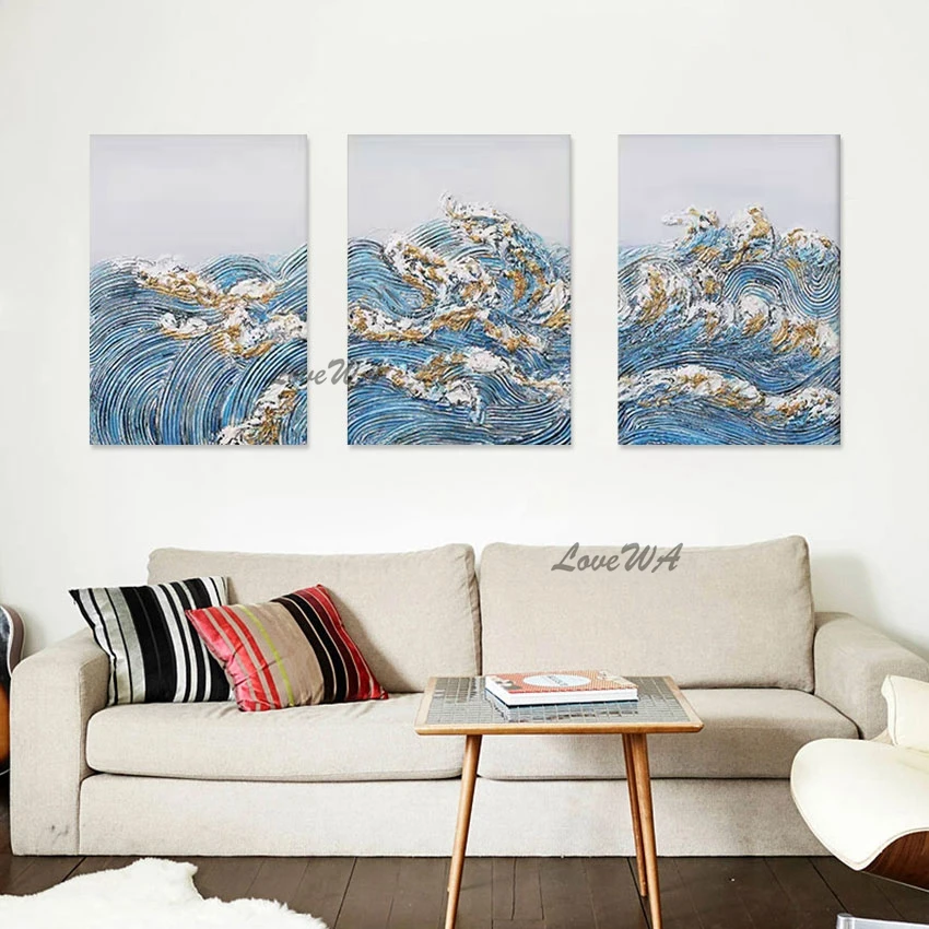 3 Panel Canvas, Heavy Texture Sea Wave, Abstract Acrylic Oil Painting, Quality Artwork, Wall Picture Modern Art, Home Decor