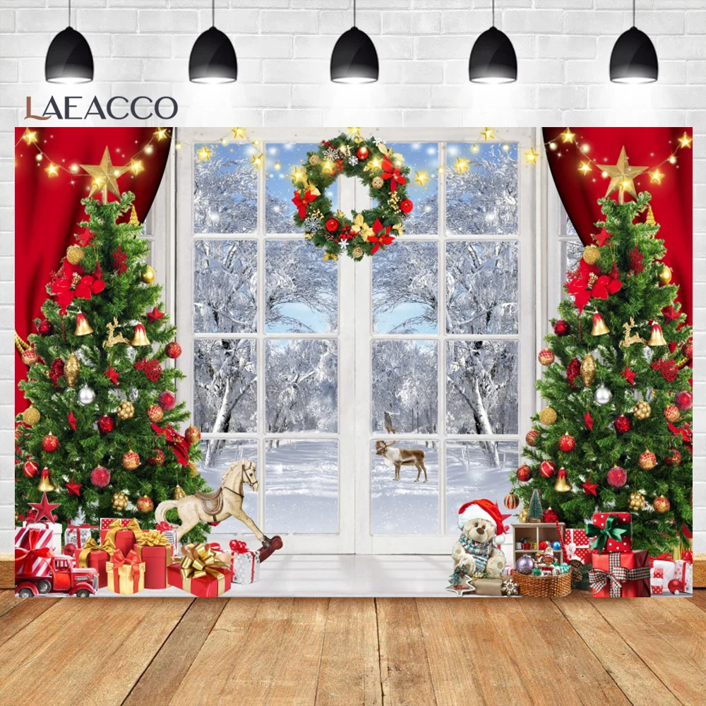 Christmas Window Sill Scene Photo Backdrop Winter Forest Xmas Tree Gift Box Red Curtain Family Portrait Photography Background