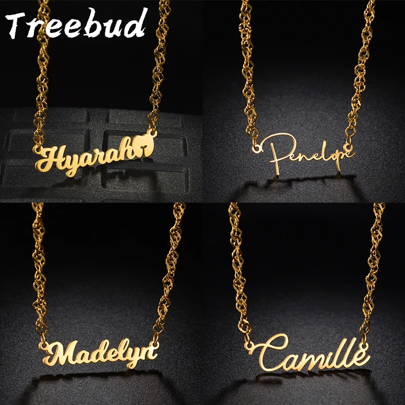 

Treebud Custom Names Necklace Wave Chain Stainless Steel for Women Personalized Nameplate Collar Choker Party Jewelry Gifts