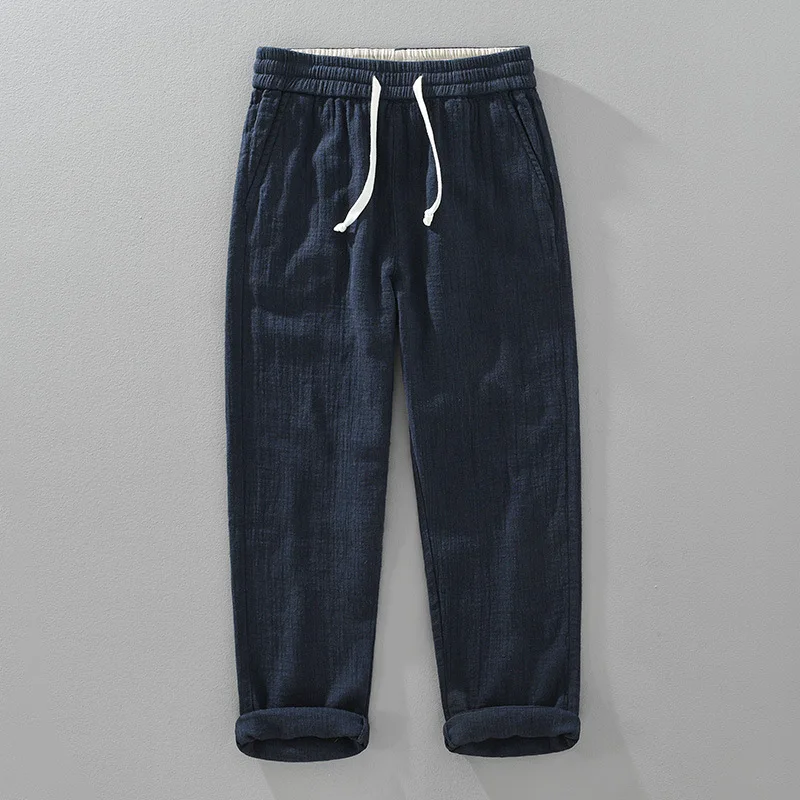 

Мужские свободные льняные брюки прямого кроя с двойным слоем ткани, текстурированные, осенне-зимние, модные, со средней посадкой, длинные