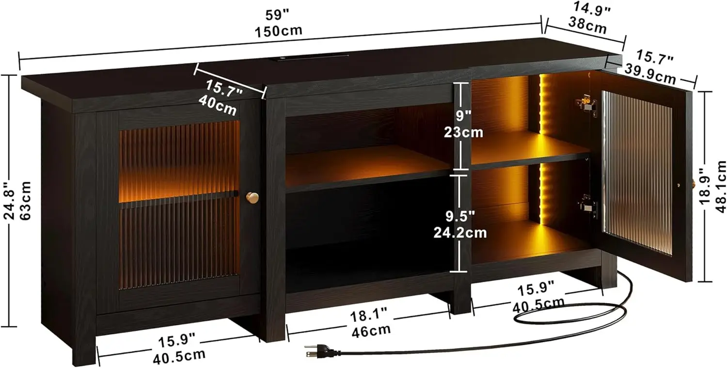 IRONCK TV Stand for 65 inch TV, Entertainment Center with Power Outlet and LED Light, TV Console Cabinet.