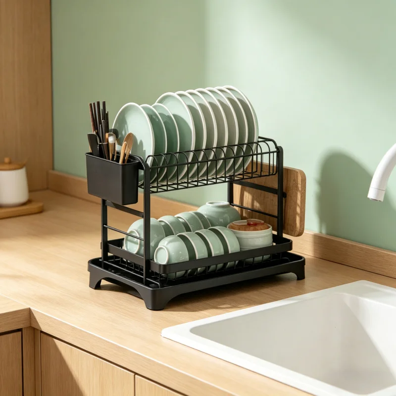 

2 Tier Dish Drying Rack Kitchen Countertop Bowl Drainer Storage Organizer with Chopsticks Knife Fork Cup Holder Drain Shelf