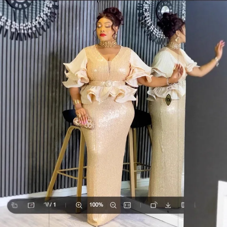 

Plus Size Women's Champagne Color Ruffle Sleeve Dress, Slimming Waist Mermaid Long Dress for Plus Size Women, Party Banquet Y2k