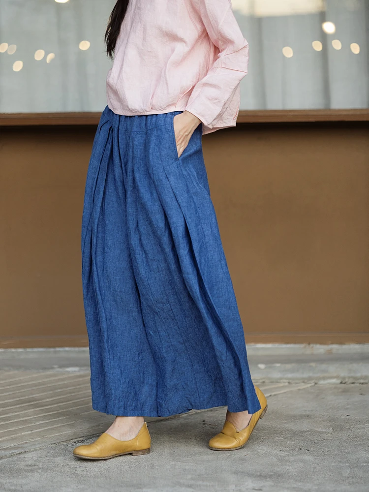 

Loose Wide Leg Casual Pants Blue Weave Linen Full Waist Handmade Pleated Skirt Pants Casual Loose Trousers for Women