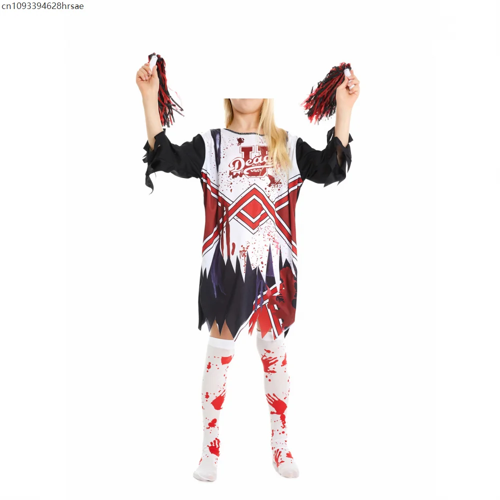 

Halloween Cheerleader Girls Bloody Dress Scary Outfit with Handprint Socks Fancy Dress Accessories Party Costumes