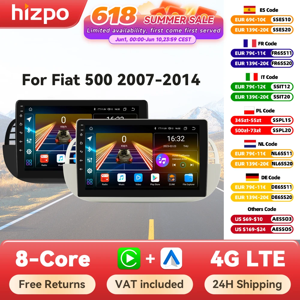 Hizpo 9 pouces autoradio stéréo pour FIAT 500 2007 - 2014 GPS 2din Autoradio sans fil CarPlay Android 13 unité principale de Navigation automatique