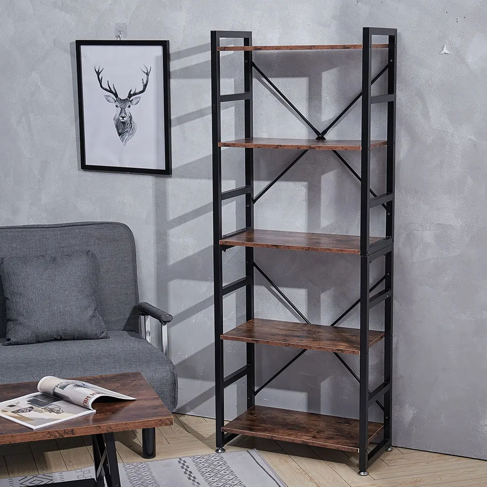 5-Tier Vintage Open Bookshelf Storage Display Shelving Unit For Bedroom Office