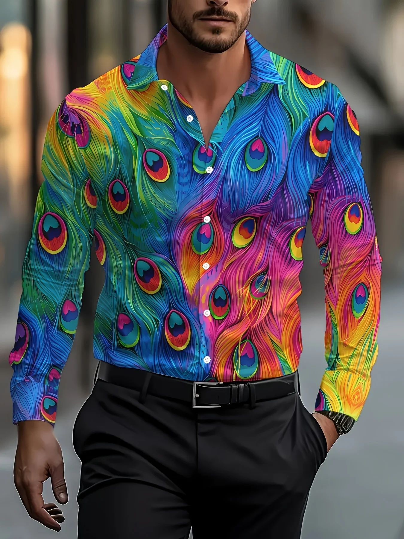 Mens Fashion Peacock Feather Print Shirt Long Sleeve Casual Collar Button Down Men's Top