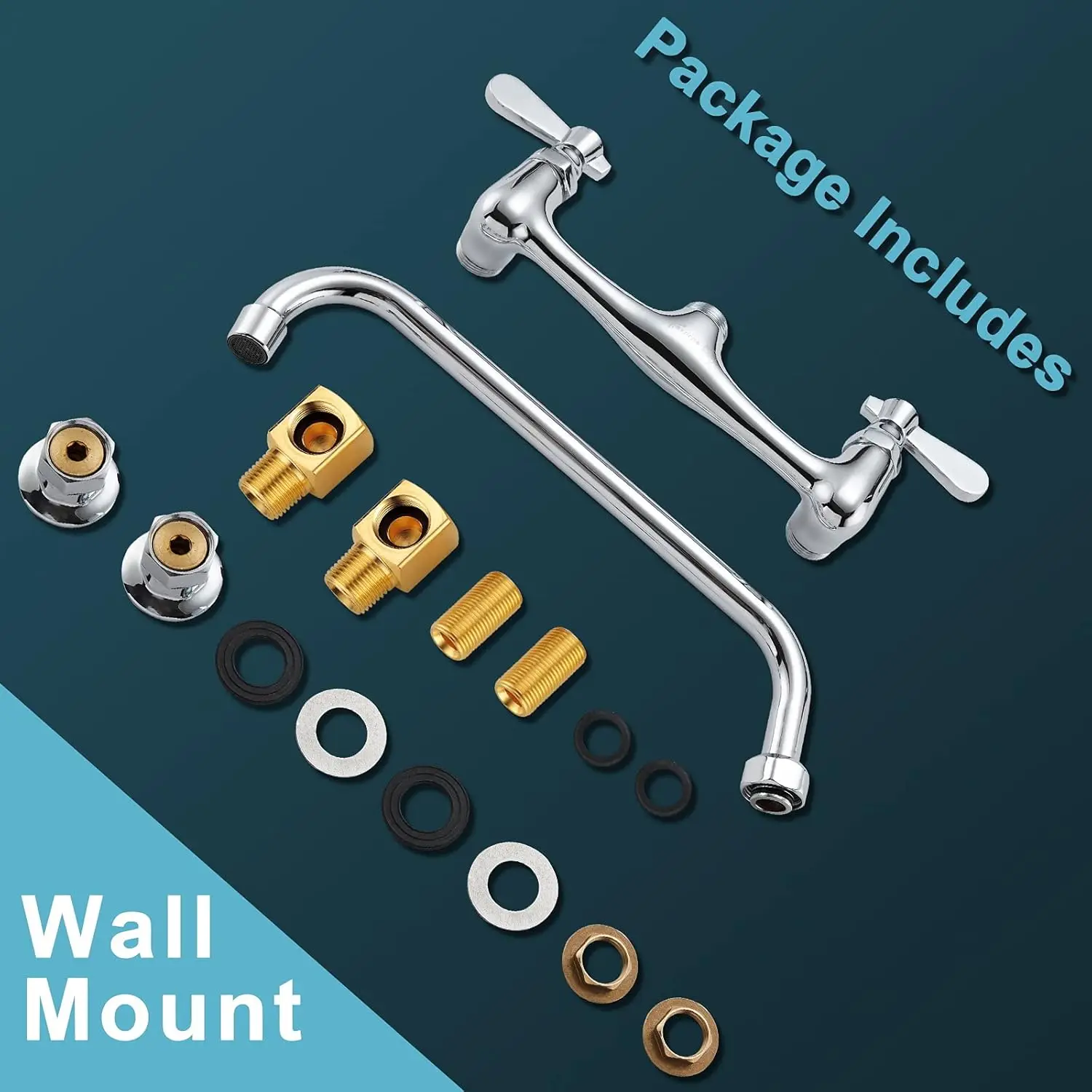 8인치 센터 벽걸이 수도꼭지, 12인치 회전식 스파우트, 주방, 세탁실, 레스토랑용 2핸들