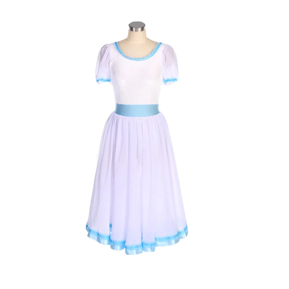 White Clara Ballet Long Dress Blue Ribbons, Velvet Top And Chiffon Skirt Romantic Ballet Costumes For Performance