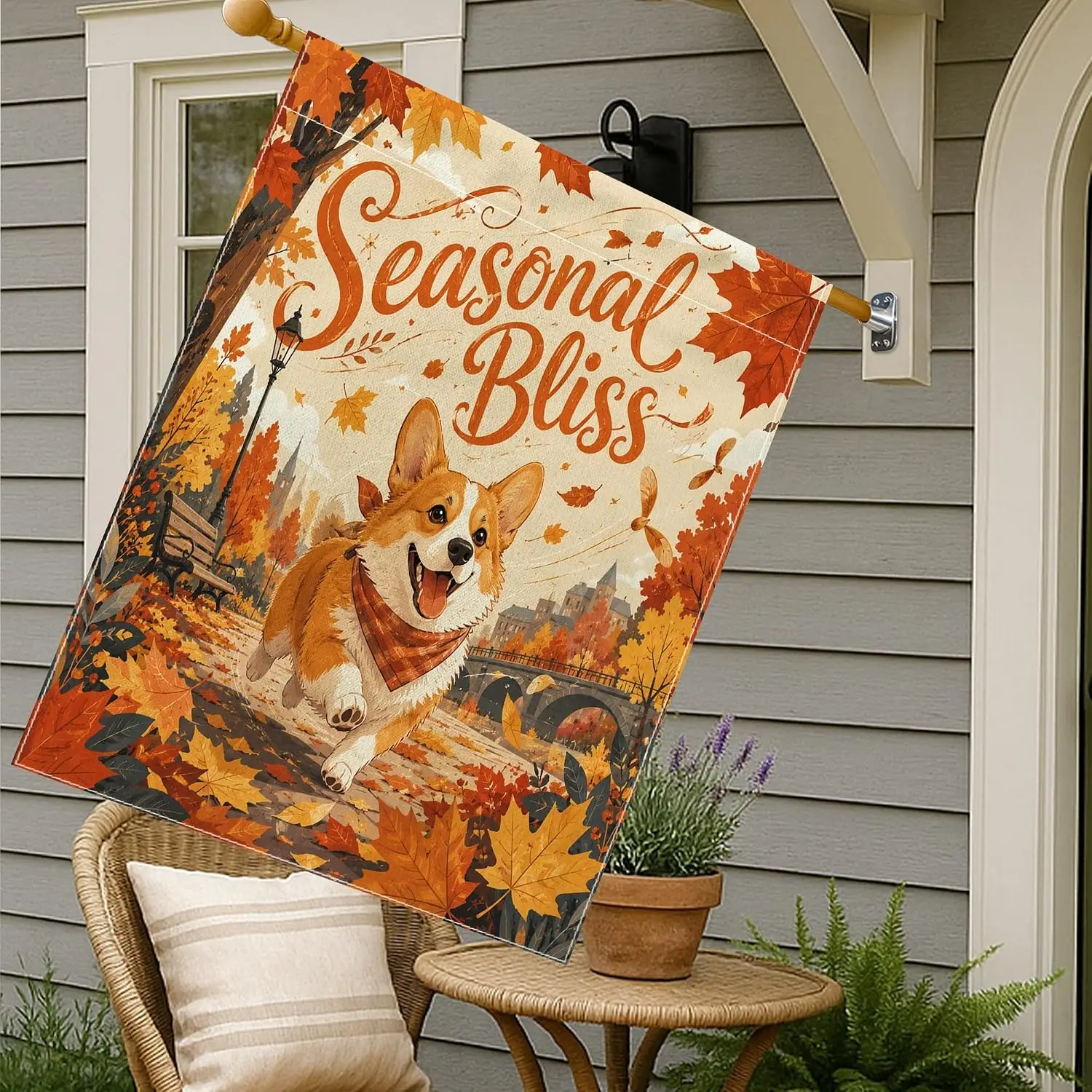 Corgi House Flag, Fall Fanciful Autumn Leaves Park Bench Fall Orange Double Sided Burlap Outside Large Garden Flag for Outdo aaz